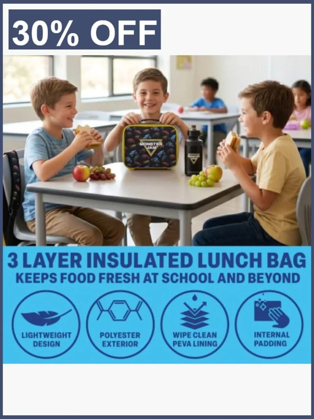 Monster Jam Boys Backpack 4 Piece Set - 18in Bookbag with Lunch Bag, Pencil